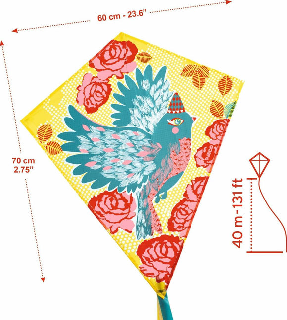 Colorful bird kite featuring a vibrant design with a bird and floral patterns on a bright yellow background. The kite measures 60 cm (23.6 inches) wide and 70 cm (2.75 inches) tall, perfect for outdoor fun. Includes a string holder allowing for up to 40 meters (131 feet) of flying line.