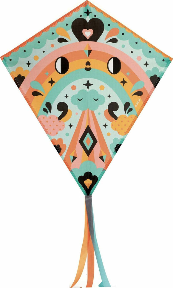 DJECO Kawaii Kite featuring a colorful design with a whimsical rainbow, cute cloud faces, and playful patterns. Ideal for brightening outdoor playtime, this kite is vibrant and inviting, perfect for children and families.