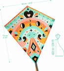 Kawaii Kite by DJECO, featuring a colorful design with a rainbow, clouds, and playful facial expressions. The kite measures 60 cm wide and 70 cm tall, with a flying height of 40 m. Perfect for outdoor fun and playful activities.