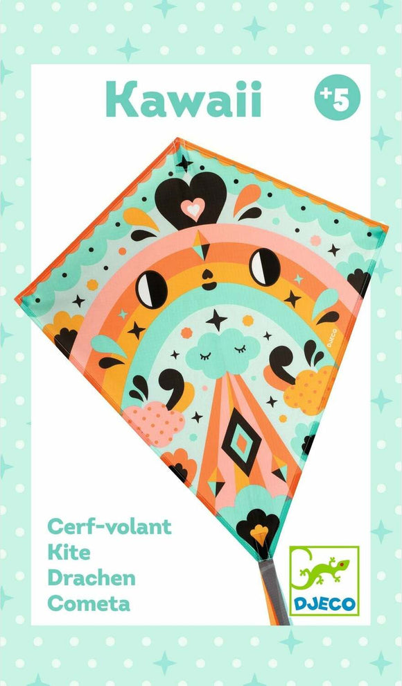 A colorful Kawaii Kite by DJECO featuring playful designs with a rainbow, clouds, and whimsical shapes. Suitable for children aged 5 and up.
