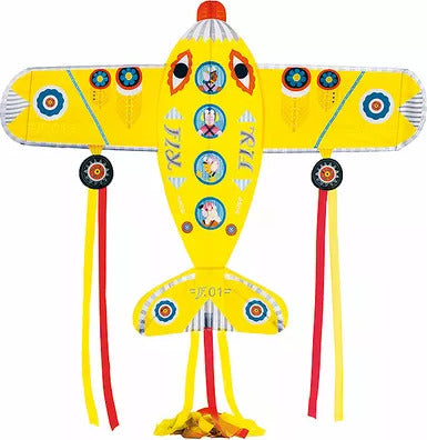 Vibrant Maxi Plane Kite by DJECO features a colorful airplane design with bright yellow body and decorative accents. Includes long, flowing ribbons in red and yellow for added style while flying. Perfect for outdoor play and encouraging imaginative adventures in the sky.