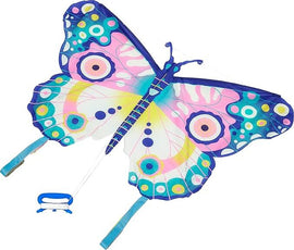 Colorful Maxi Butterfly Kite by DJECO featuring a vibrant design with pink, blue, and green patterns. Includes a sturdy handle for easy flying.