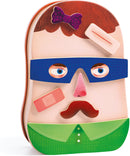 Djeco Portraito InZeBox jigsaw puzzle featuring a whimsical character with a bow, glasses, band-aids, and a mustache, designed to engage children's creativity.