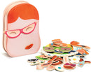The Portraito InZeBox jigsaw puzzle by Djeco featuring a whimsical design. The set includes a colorful range of facial features and accessories, with a cute lunchbox-style container that showcases a playful face. Perfect for creative play and imaginative expression.