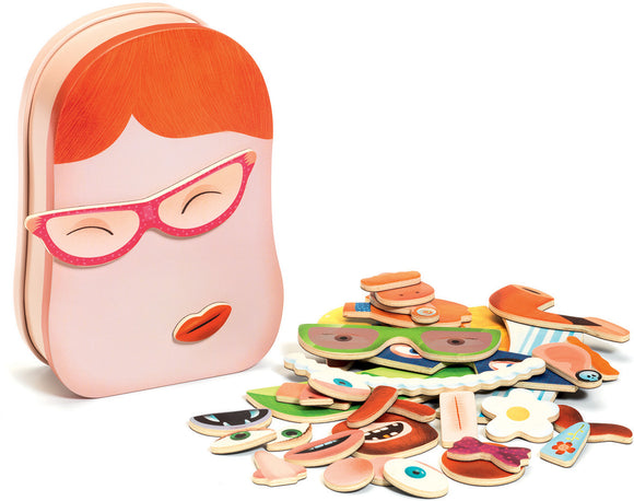 The Portraito InZeBox jigsaw puzzle by Djeco featuring a whimsical design. The set includes a colorful range of facial features and accessories, with a cute lunchbox-style container that showcases a playful face. Perfect for creative play and imaginative expression.