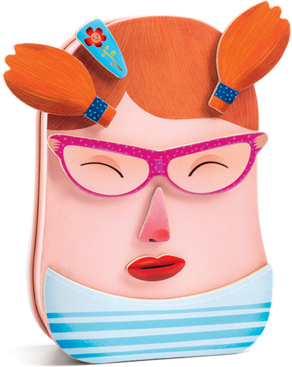 Portraito InZeBox jigsaw puzzle by Djeco featuring a colorful and whimsical design of a girl with glasses, playful orange hair, and vibrant accessories, designed to engage children's creativity and fine motor skills.