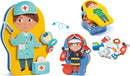 Jobissimo InZeBox by DJECO is a vibrant educational playset featuring colorful, themed figures such as a doctor and a firefighter. The set includes various interactive pieces like a stethoscope, medical bag, and firefighter tools, designed to spark imaginative role-play. Perfect for young children, this toy encourages creativity and learning about community helpers. The packaging showcases cheerful illustrations that are attractive and engaging for kids.