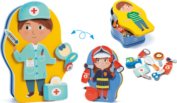 Jobissimo InZeBox by DJECO is a vibrant educational playset featuring colorful, themed figures such as a doctor and a firefighter. The set includes various interactive pieces like a stethoscope, medical bag, and firefighter tools, designed to spark imaginative role-play. Perfect for young children, this toy encourages creativity and learning about community helpers. The packaging showcases cheerful illustrations that are attractive and engaging for kids.