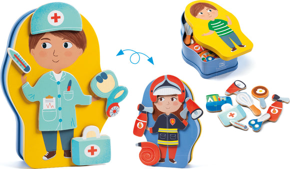 Jobissimo InZeBox by DJECO is a vibrant educational playset featuring colorful, themed figures such as a doctor and a firefighter. The set includes various interactive pieces like a stethoscope, medical bag, and firefighter tools, designed to spark imaginative role-play. Perfect for young children, this toy encourages creativity and learning about community helpers. The packaging showcases cheerful illustrations that are attractive and engaging for kids.