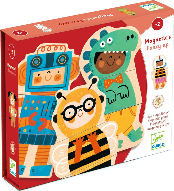 The Fancy-Up Wooden Magnets by DJECO features a colorful packaging design showcasing playful magnetic characters, including a robot, a bee, and a dinosaur. Ideal for children aged 2 and up, this game encourages creativity and imaginative play while developing fine motor skills.