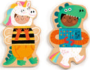 A colorful set of Fancy-Up Wooden Magnets featuring cheerful children in imaginative costumes. One child is dressed as a bee with a striped shirt and the other as a dinosaur in a green outfit. The magnets display bright illustrations with vibrant colors, perfect for imaginative play.