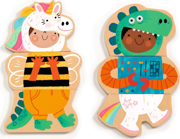A colorful set of Fancy-Up Wooden Magnets featuring cheerful children in imaginative costumes. One child is dressed as a bee with a striped shirt and the other as a dinosaur in a green outfit. The magnets display bright illustrations with vibrant colors, perfect for imaginative play.