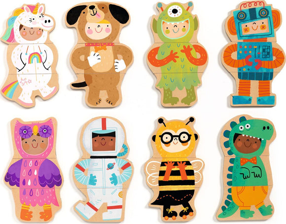 A set of colorful wooden magnets featuring playful characters. The collection includes a unicorn, a dog, a green monster, a robot, an owl in a pink costume, an astronaut, a bee with glasses, and a dinosaur in overalls. Each magnet displays vibrant illustrations, perfect for children's play and education.