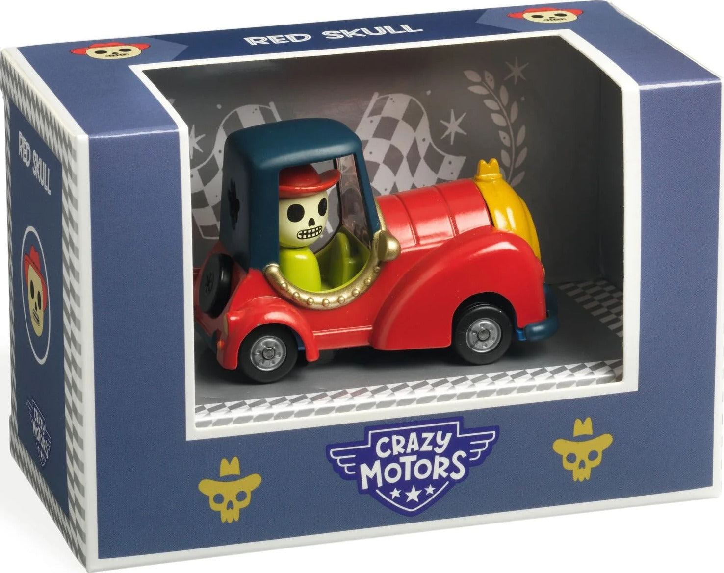 A colorful toy car featuring a playful skeleton driver. The car is predominantly red, with a blue roof and yellow accents, all displayed in an eye-catching box that showcases the design. The packaging includes a checkered background and a logo for Crazy Motors, making it an attractive addition to any toy collection.