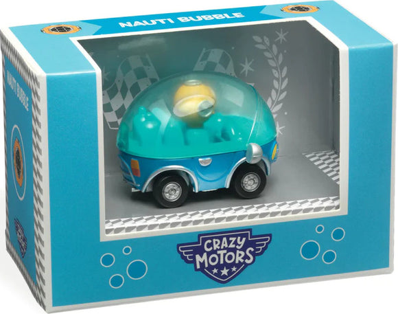 The Crazy Motors: Nauti Bubble by DJECO is a colorful toy vehicle encased in a transparent dome, displaying a fun design. It features a blue base with orange and white accents, all packaged in a bright blue box with playful graphics and the brand logo.