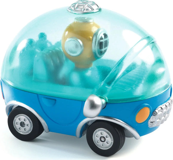 A colorful toy car designed for children, featuring a rounded transparent dome. Inside, there is a diver figure with a yellow helmet. The car has a blue body and silver details, creating an attractive and engaging design for imaginative play.