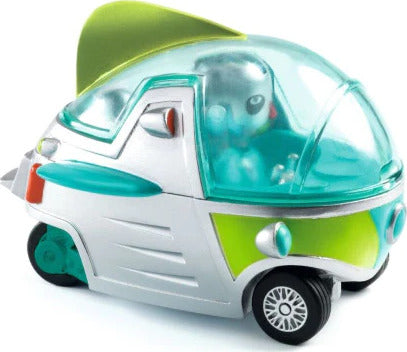 A colorful toy vehicle from Crazy Motors: Visitor X by DJECO. The model features a transparent dome, vibrant green and silver accents, and an adorable character inside, appealing for imaginative play.