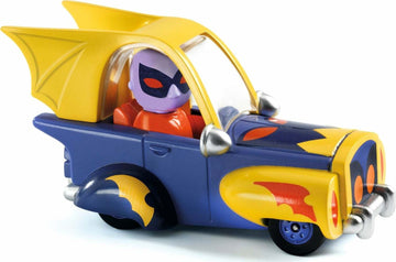 The Crazy Motors: Dingo Mobile by DJECO is a whimsical, colorful toy car featuring a purple character with a mask seated inside. The car is designed with vibrant yellow wings and intricate detailing on its body, making it an exciting and playful addition to any toy collection.