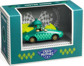 Crazy Motors Mister Wings, a whimsical toy featuring a green car with a dragon-like design and a character wearing a helmet with wings. The packaging showcases a checkered flag background and festive graphics, perfect for collectors and kids who love imaginative play.
