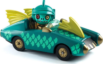 The Crazy Motors: Mister Wings toy features a whimsical design with a character resembling a fish driving a classic car. The vibrant green vehicle showcases scales and yellow fins, while the character wears a playful helmet and has mismatched eyes, creating a fun, imaginative play experience.