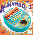 Colorful Animambo musical instrument by Djeco, featuring a turquoise base with playful owl illustrations and metal keys. A vibrant design perfect for children aged 4 and up.