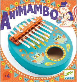 Colorful Animambo musical instrument by Djeco, featuring a turquoise base with playful owl illustrations and metal keys. A vibrant design perfect for children aged 4 and up.