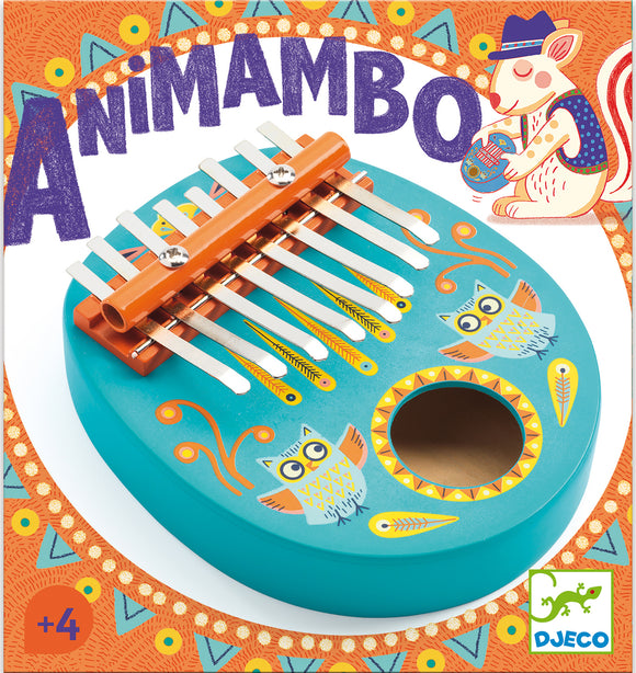 Colorful Animambo musical instrument by Djeco, featuring a turquoise base with playful owl illustrations and metal keys. A vibrant design perfect for children aged 4 and up.