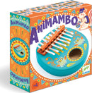 The Animambo by Djeco is a beautifully designed musical toy, featuring a vibrant turquoise body decorated with colorful owl illustrations. It includes a set of metallic keys and is packaged in an eye-catching box adorned with artistic designs, perfect for children over the age of 4. Ideal for introducing kids to music and creative play.