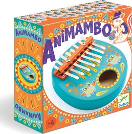 The Animambo by Djeco is a beautifully designed musical toy, featuring a vibrant turquoise body decorated with colorful owl illustrations. It includes a set of metallic keys and is packaged in an eye-catching box adorned with artistic designs, perfect for children over the age of 4. Ideal for introducing kids to music and creative play.