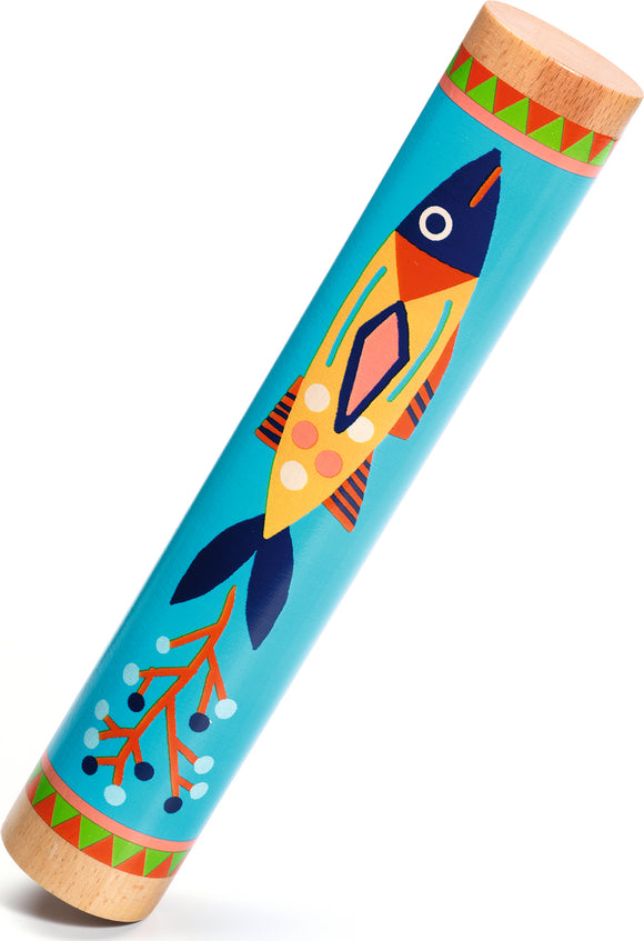 A colorful rain stick designed by DJECO, featuring a vibrant fish illustration and decorative patterns in blue and orange colors. This sensory toy is perfect for imaginative play and auditory exploration, resembling traditional rain sticks used in music and cultural ceremonies.