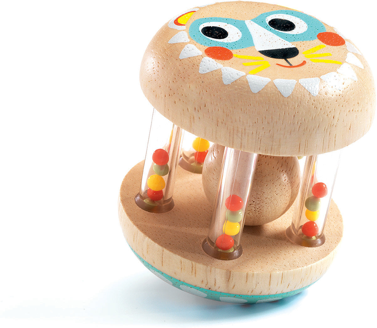 BabyShaki by DJECO is a colorful and whimsical wooden toy featuring a smiling lion face. It has transparent tubes filled with colorful beads that rattle as it moves, encouraging sensory play and fine motor skills in babies and toddlers.