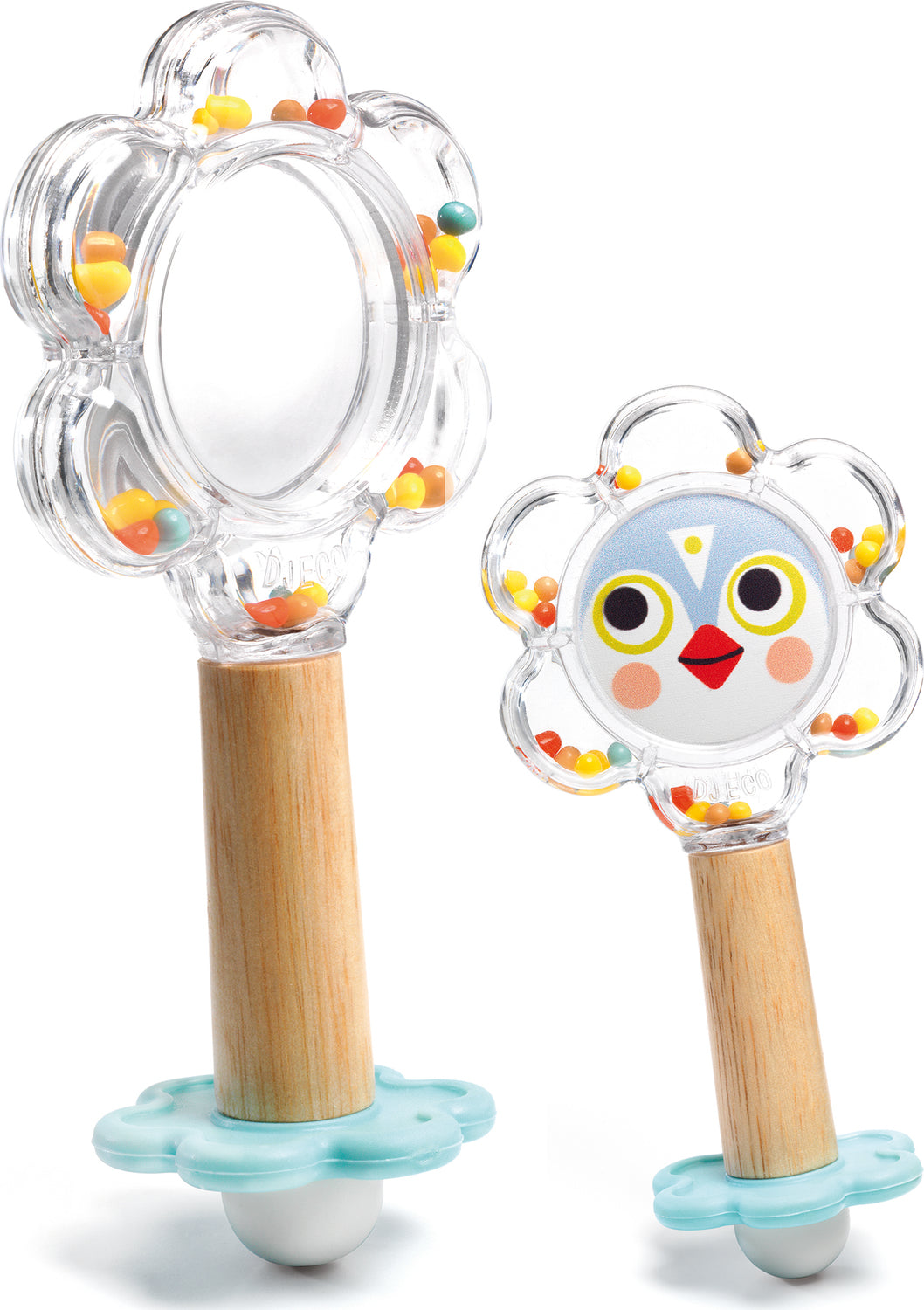 The BabyFlower by DJECO features two flower-shaped toys. Each toy has a clear body filled with colorful beads that rattle when shaken. The larger toy has a wooden handle and a smooth surface, while the smaller one is decorated with a cute bird face. Both are designed for sensory play, encouraging visual and auditory stimulation for babies.