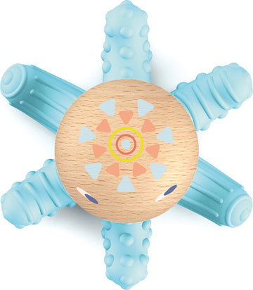 Djeco's Baby Squidi, a charming and colorful fidget toy designed for children. The toy features a wooden center adorned with geometric patterns, surrounded by textured blue rubber tentacles that encourage sensory exploration and play. Ideal for developing fine motor skills and keeping little hands busy.