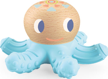 A colorful Baby Squidi toy designed by Djeco featuring a wooden head with cute facial features and soft, textured blue tentacles made of rubber. Ideal for sensory play and encouraging creativity in young children.