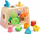 DJECO Multi Boita is an interactive wooden shape sorter designed for young children. It features a vibrant koala design and includes various colorful geometric shapes such as a triangle, square, circle, and star. The shapes are made of durable wood, encouraging early learning through play as kids match the shapes to their respective openings on the sorter.