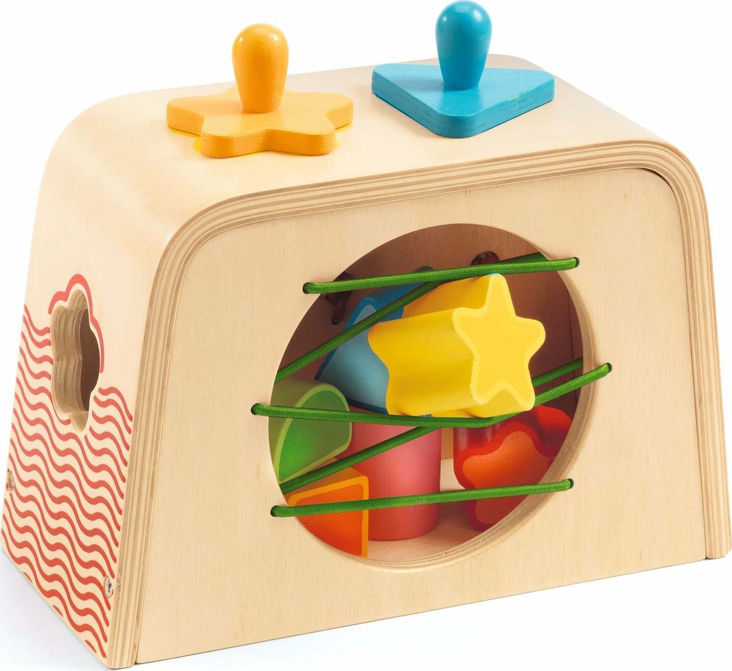 A colorful wooden Multi Boita toy by DJECO features various shaped blocks, such as stars and triangles, designed for toddlers. The blocks are secured inside a wooden structure with vibrant elastic bands and have two large pegs on top for easy handling. The toy encourages fine motor skills and shape recognition in a fun and engaging way.