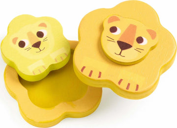 Kimani Wild by DJECO features a colorful set of lion-shaped wooden pieces, perfect for imaginative play. The bright yellow and playful designs make it great for young children, encouraging creativity and social interaction.