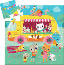 Colorful jigsaw puzzle featuring an ice cream truck surrounded by adorable cartoon animals enjoying ice cream cones and popsicles in a vibrant park setting. A cheerful cat serves ice cream while mice and other playful creatures interact around the truck, creating a whimsical scene.