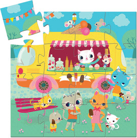 Colorful jigsaw puzzle featuring an ice cream truck surrounded by adorable cartoon animals enjoying ice cream cones and popsicles in a vibrant park setting. A cheerful cat serves ice cream while mice and other playful creatures interact around the truck, creating a whimsical scene.
