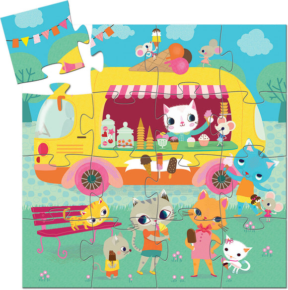 Colorful jigsaw puzzle featuring an ice cream truck surrounded by adorable cartoon animals enjoying ice cream cones and popsicles in a vibrant park setting. A cheerful cat serves ice cream while mice and other playful creatures interact around the truck, creating a whimsical scene.