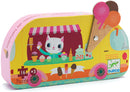 Colorful Ice Cream Truck Mini jigsaw puzzle designed by DJECO, featuring an adorable cat serving ice cream with various desserts displayed. The puzzle is bright and playful, suitable for children aged 3 and up, encouraging creative play and fine motor skills.