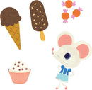 Colorful Ice Cream Truck Mini jigsaw puzzle by DJECO featuring an adorable cartoon mouse character surrounded by various ice cream treats such as an ice cream cone, chocolate popsicle, and cupcakes. A delightful puzzle for children, capturing the joy of ice cream and imaginative play.