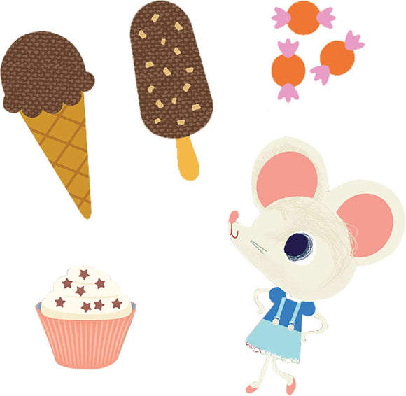Colorful Ice Cream Truck Mini jigsaw puzzle by DJECO featuring an adorable cartoon mouse character surrounded by various ice cream treats such as an ice cream cone, chocolate popsicle, and cupcakes. A delightful puzzle for children, capturing the joy of ice cream and imaginative play.