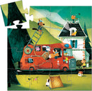 A jigsaw puzzle featuring a vibrant illustration of a red fire truck surrounded by cartoon animals engaged in playful activities. A dog sprays water from the truck while rabbits and other animals assist in various tasks. The colorful scene is set in a picturesque landscape with trees and mountains in the background.