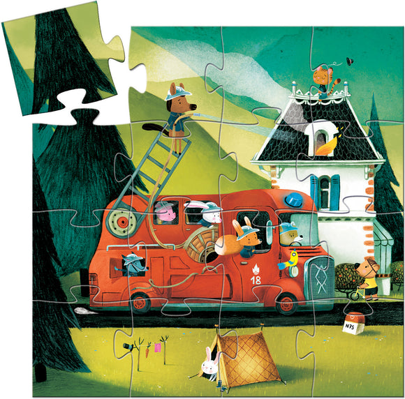 A jigsaw puzzle featuring a vibrant illustration of a red fire truck surrounded by cartoon animals engaged in playful activities. A dog sprays water from the truck while rabbits and other animals assist in various tasks. The colorful scene is set in a picturesque landscape with trees and mountains in the background.