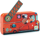 The Fire Truck Mini Puzzle from DJECO features a colorful illustration of a fire truck with animal characters like a bunny, pig, fox, and dog aboard. The puzzle comes in a vibrant packaging resembling the fire truck itself, making it visually engaging for children aged 3 and up. The box has a fun, interactive design with a movable ladder, enhancing the playful theme around firefighting adventures.