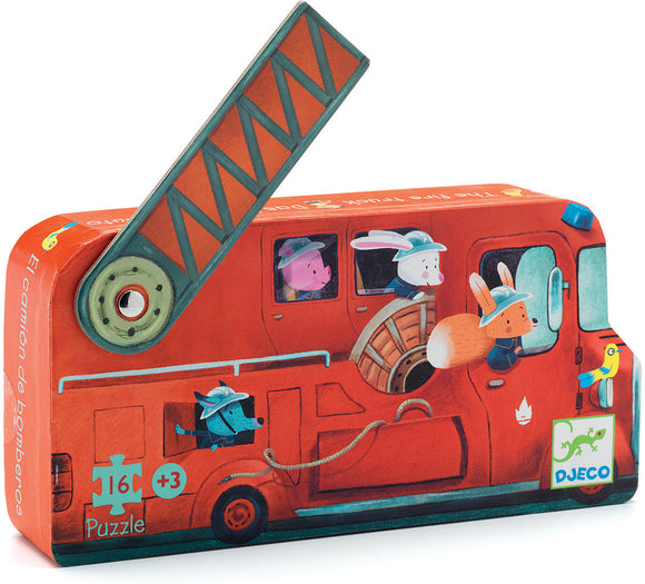 The Fire Truck Mini Puzzle from DJECO features a colorful illustration of a fire truck with animal characters like a bunny, pig, fox, and dog aboard. The puzzle comes in a vibrant packaging resembling the fire truck itself, making it visually engaging for children aged 3 and up. The box has a fun, interactive design with a movable ladder, enhancing the playful theme around firefighting adventures.