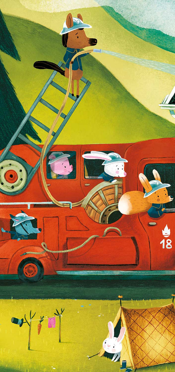 A vibrant and whimsical illustration of a fire truck mini puzzle featuring cartoon animals dressed as firefighters. A brown horse sprays water from a ladder, while various rabbits and a pig look out from the red fire truck. In the background, there's a scenic landscape with hills and a campsite, adding a playful touch to the scene.