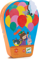 The Hot Air Balloon Mini jigsaw puzzle by DJECO features colorful illustrations of animals, including a bear, rabbit, cat, and mouse, floating in a vibrant hot air balloon with numerous colorful balloons in the background. The puzzle is suitable for ages 3 and up and contains 16 pieces, packed in a charming balloon-shaped box.