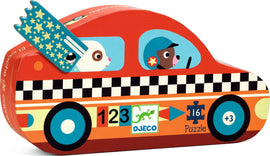The Racing Car Mini Puzzle by DJECO features a vibrant, cartoon-style racing car with a red and orange color scheme. The puzzle box showcases friendly animal characters: a rabbit and a dog wearing a helmet. The whimsical design includes colorful details such as a checkerboard pattern and star motifs, making it an engaging choice for children aged 3 and up. It consists of 16 pieces, encouraging problem-solving and fine motor skills through play.